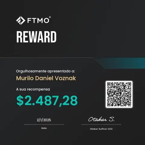 Certificado de saque emitido pela mesa FTMO, no valor de US$ 2.487,28, em 02/01/2025.