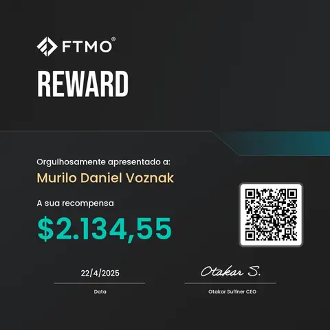 Certificado de saque emitido pela mesa FTMO, no valor de US$ 2.134,55, em 22/04/2025.
