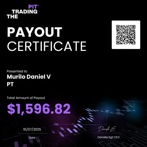 Certificado de saque emitido pela mesa The Trading Pit, no valor de US$ 1.596,82, em 16/07/2025.