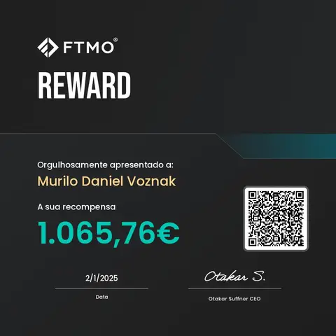 Certificado de saque emitido pela mesa FTMO, no valor de € 1.065,76, em 02/01/2025.