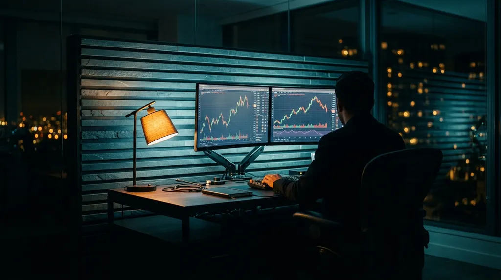Mesa de estudo em penumbra, gráficos na tela e luminária acesa