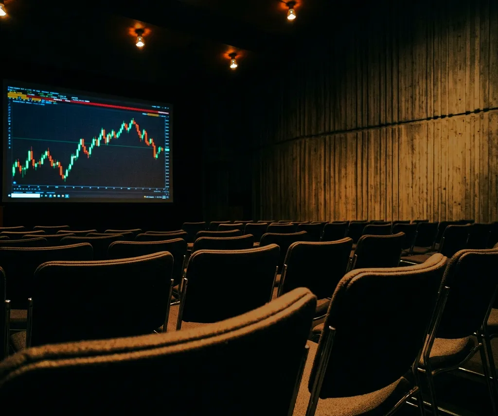 Auditório em penumbra com cadeiras vazias e uma tela acesa ao fundo