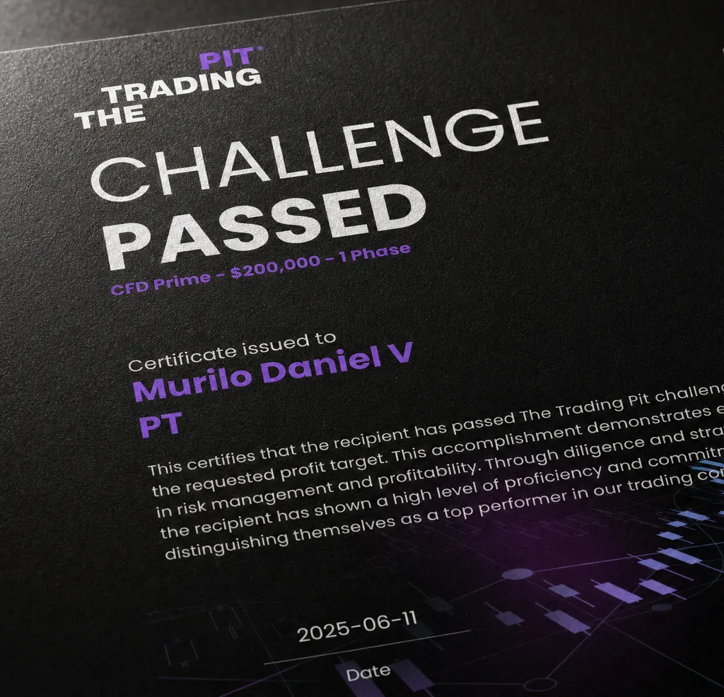 Certificado da The Trading Pit atestando aprovação no desafio de 200 mil dólares