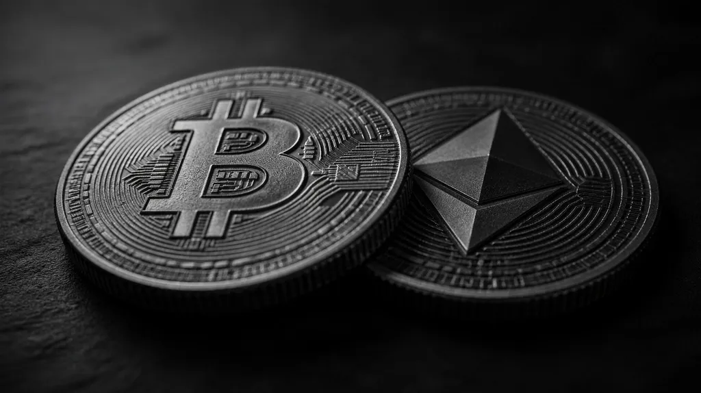 Moedas cunhadas de Bitcoin e Ethereum sobre superfície escura, em luz rasante